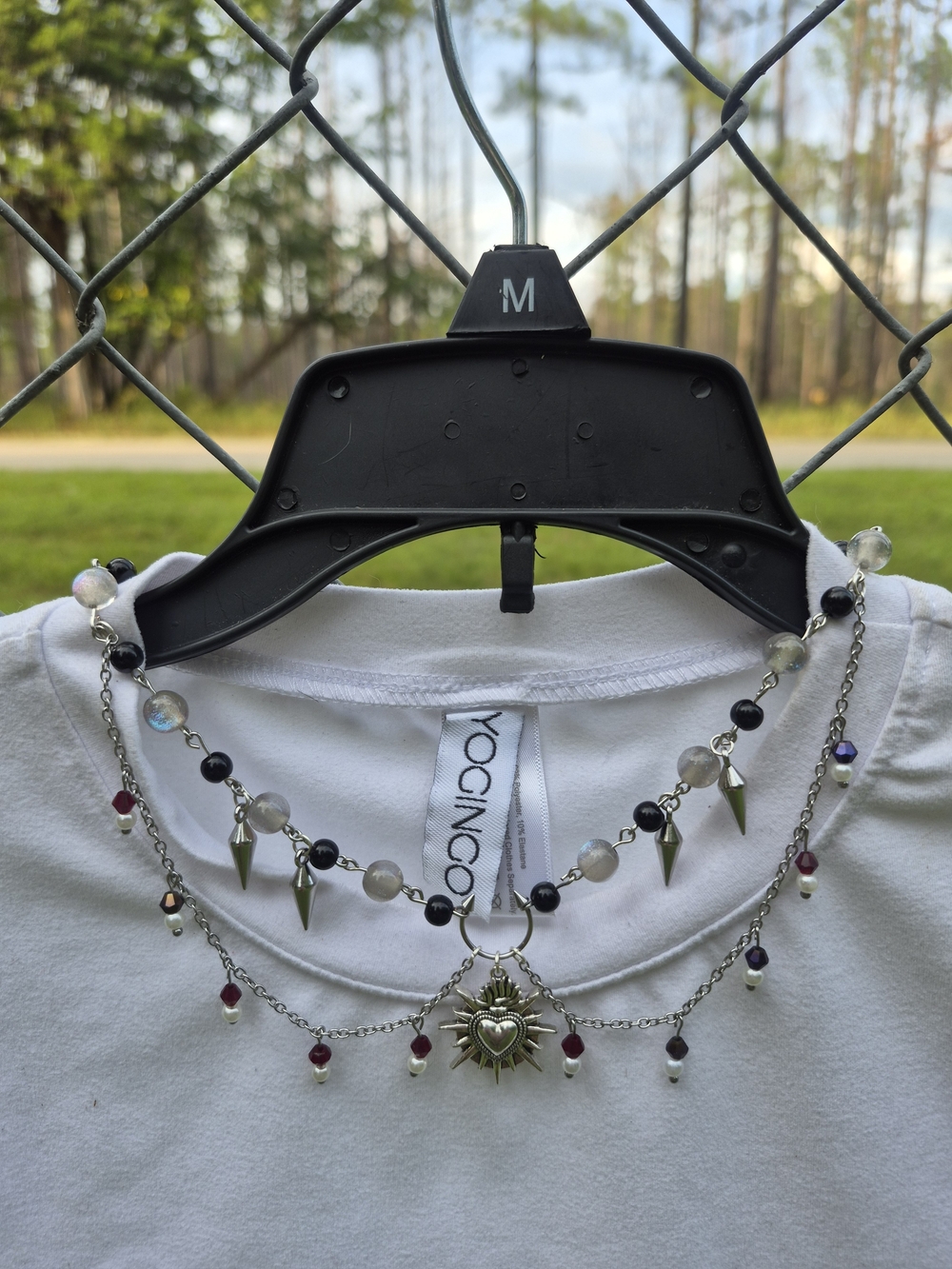 Multi-Strand Silver Spike & Heart Necklace — Black, White, Red Accents